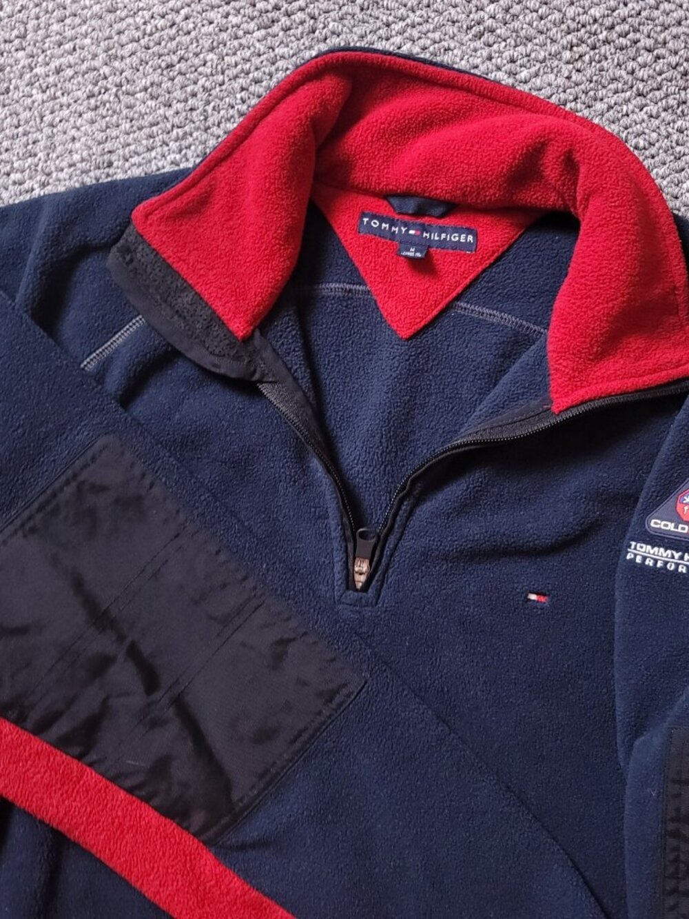Tommy Hilfiger Cold Stop Men Medium Performance Blue Red Fleece Pullover Zip Up